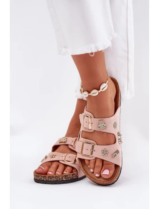 Dámské pantofle na korkové podrážce s sponami a ozdobami světle růžové Efadelis