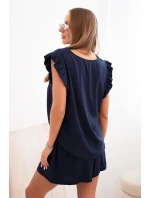 Dámská souprava z viskózy, blůza s volány a krátké šortky modré Dámská souprava z viskózy, blůza s volány a krátké šortky modré