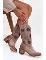 Semišové kožené dámské kozačky s perforovaným vzorem Zazoo 3852 Cappuccino