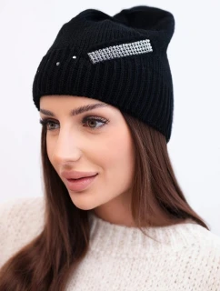 Dámská zimní vlněná čepice s ozdobným páskem zirkonů K402 černá