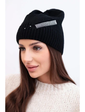 Dámská zimní vlněná čepice s ozdobným páskem zirkonů K402 černá