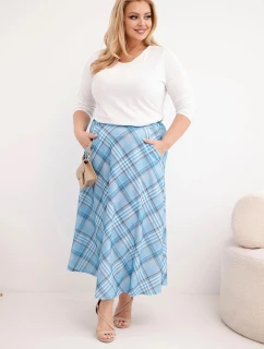 Dámská sukně Plus Size s širokým lemem kostkovaná modrá
