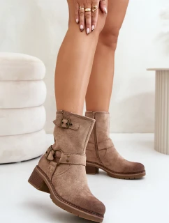 Dámské Botky Na Nízkém Podpatku S Přezkami Tmavě Béžové Zudra