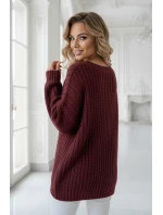 661-1 Teplý svetr oversize s fleecovou vazbou a výstřihem do V - vínový