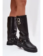 Kožené dámské kozačky s přezkami zateplené Big Star OO274A180 černé Kožené dámské kozačky s přezkami zateplené Big Star OO274A180 černé