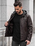Pánská kožená zateplená bunda s kapucí, hnědá, FashionStreet TX5142