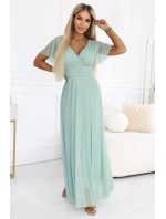 635-8 MELANIA dlouhé třpytivé šaty s výstřihem a krátkými rukávy - pistáciová barva