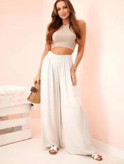 Široké dámské viskózové kalhoty s elastickým pasem béžové