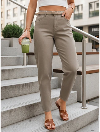Dámské džínové kalhoty mom fit s páskem šedobéžové FashionStreet UY2982