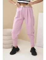 Dámské bavlněné kalhoty s vysokým pasem a páskem tmavě růžové