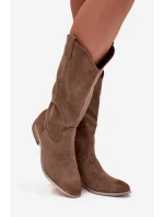 Dámské kozačky ve western stylu na nízkém podpatku Cherrie – tmavě béžové, eko zamsz