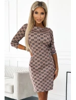 420-3 MARY Šaty se zlatými zámky - béžové v ČERNÉM MODELU