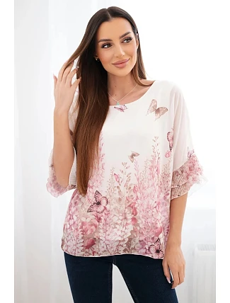 Dámská halenka s plisovaným rukávem a potiskem růžová Dámská halenka s plisovaným rukávem a potiskem růžová
