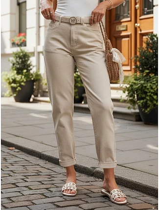 Dámské džínové kalhoty Mom Fit s páskem, béžové, FashionStreet UY3085