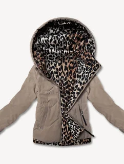 Tmavě béžová krátká volná dámská bunda s panteřím motivem Miss TiTi (25898)