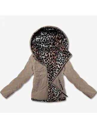 Tmavě béžová krátká volná dámská bunda s panteřím motivem Miss TiTi (25898)