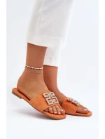 Dámské pantofle na plochém podpatku se zdobením, oranžová vložka