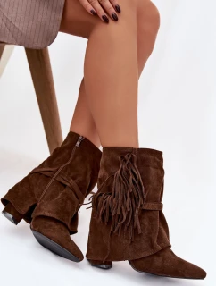 Dámské kotníkové boty na sloupkovém podpatku s třásněmi a zlatými přezkami Evelisse – hnědé