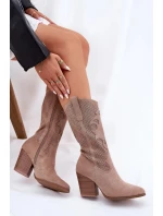 Dámské perforované kozačky ve stylu kovbojek na sloupkovém podpatku S.Barski – béžové, eko kůže