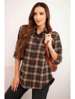 Dámská kostkovaná bavlněná košile s delším zadním dílem hnědá + camelový Dámská kostkovaná bavlněná košile s delším zadním dílem hnědá + camelový