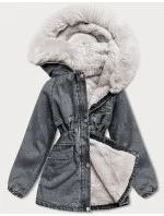 Černo/ecru dámská džínová bunda s kožešinovou podšívkou (br8048-1046)