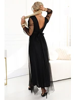 664-3 Dlouhé maxi šaty s tylovými rukávy a obálkovým výstřihem - černé