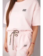 Dámská viskózová souprava s krátkým rukávem a kalhotami s ohrnovaným lemem cukrová růžová