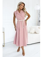596-6 Elegantní midi košile se zlatými knoflíky a páskem – pudrově růžová