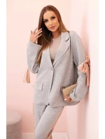 Dámský komplet s viskózou – sako s klopami a kalhoty s lampasem šedý