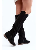 Zazoo 3407 Zamszové Kozáky po Kolena na Ploché Podrážce Černé