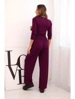 Dámská viskózová souprava s halenkou a širokými kalhotami tmavě fialová