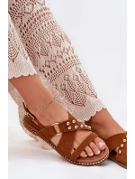 Dámské Sandály Na Plochém Podpatku Se Zlatými Hřeby Karamel Zanira