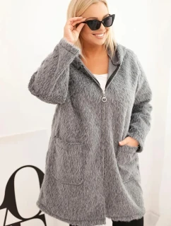 Dámský kabát Plus Size z viskózy na zip s kapucí šedý