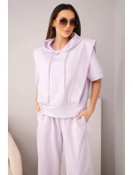 Dámský komplet máslový, mikina s kapucí a volné kalhoty se zavazováním světle fialová