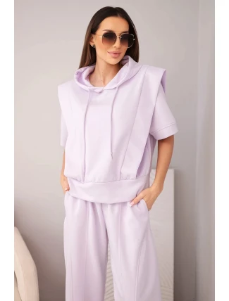 Dámský komplet máslový, mikina s kapucí a volné kalhoty se zavazováním světle fialová
