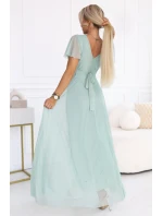 635-8 MELANIA dlouhé třpytivé šaty s výstřihem a krátkými rukávy - pistáciová barva