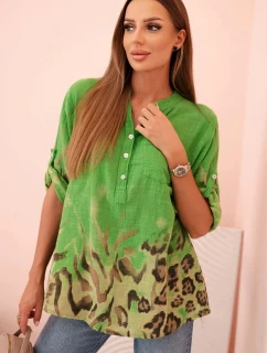 Dámská bavlněná košile s ohrnutými rukávy a zvířecím vzorem zelená