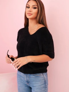 Dámský svetr z měkkého chlupatého materiálu s V výstřihem krátký rukáv černý