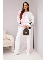 Dámský teplákový komplet Masełko dvoubarevný s oversized mikinou a rovnými kalhotami pudrově růžový+bílý