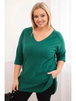 Dámská bavlněná blůza Plus Size s výstřihem do V a ohrnutým rukávem tmavě zelená