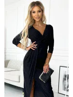 404-6 Třpytivé dlouhé šaty s výstřihem a rozparkem na nohou - ČERNÉ s třpytkami 404-6 Třpytivé dlouhé šaty s výstřihem a rozparkem na nohou - ČERNÉ s třpytkami