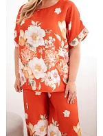Dámský set Plus Size s halenkou a kalhotami s širokými nohavicemi s květinovým vzorem rezavá