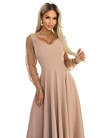 640-4 LORETTA jedinečné dlouhé šaty s tylovými rukávy a výstřihem - béžové