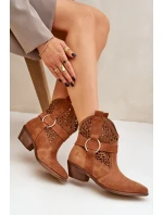 Zamszowe Botki Kowbojki Ażurowe Na Obcasie Zazoo 2994 Camel