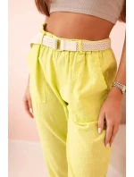 Dámské lněné kalhoty s bavlnou a páskem kiwi