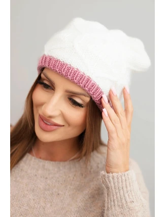 Dámská zimní čepice z vlny s propleteným vzorem K443 bílá + růžová