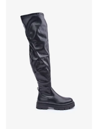 Kozačky nad kolena na plochém podpatku černé Feliri