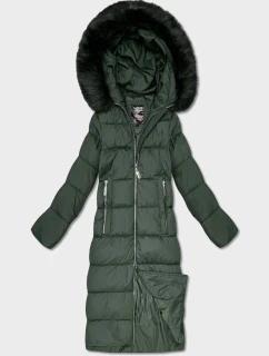 Dlouhá dámská zimní bunda v lahvově zelené barvě s kapucí (7688BIG)