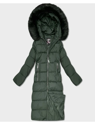 Dlouhá dámská zimní bunda v lahvově zelené barvě s kapucí (7688BIG)