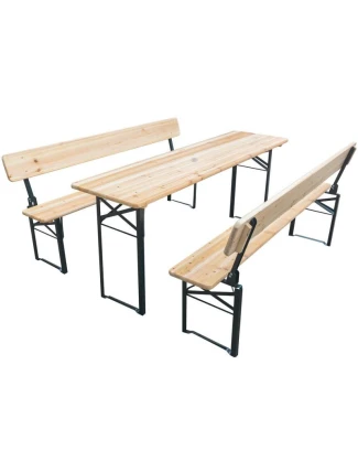 PIKNIKOVÝ BAROVÝ SET DŘEVĚNÝ STŮL A 2 LAVICE SE SKLOPNÝMI OPĚRADLY